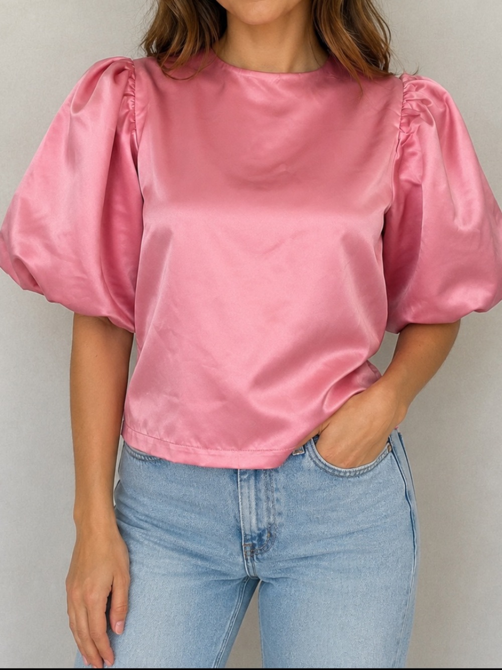 Pink Satin Puff-Sleeve Top